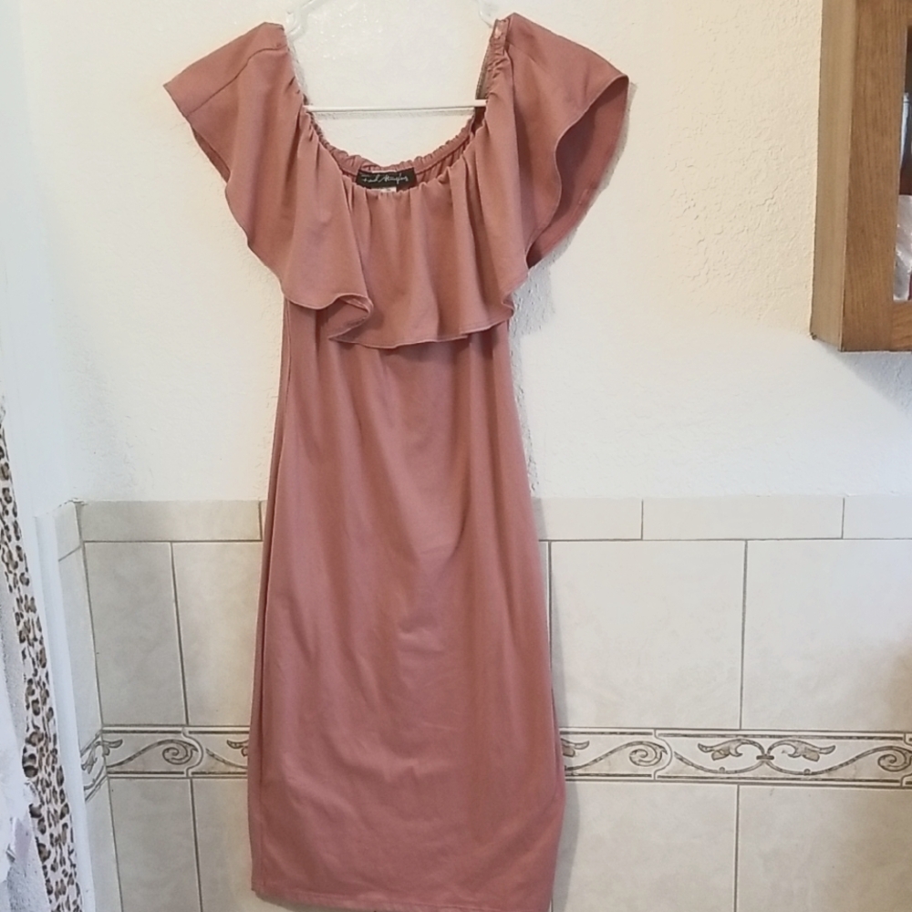 French Atmosphere Mauve Ruffle Off Shoulder Midi Dress